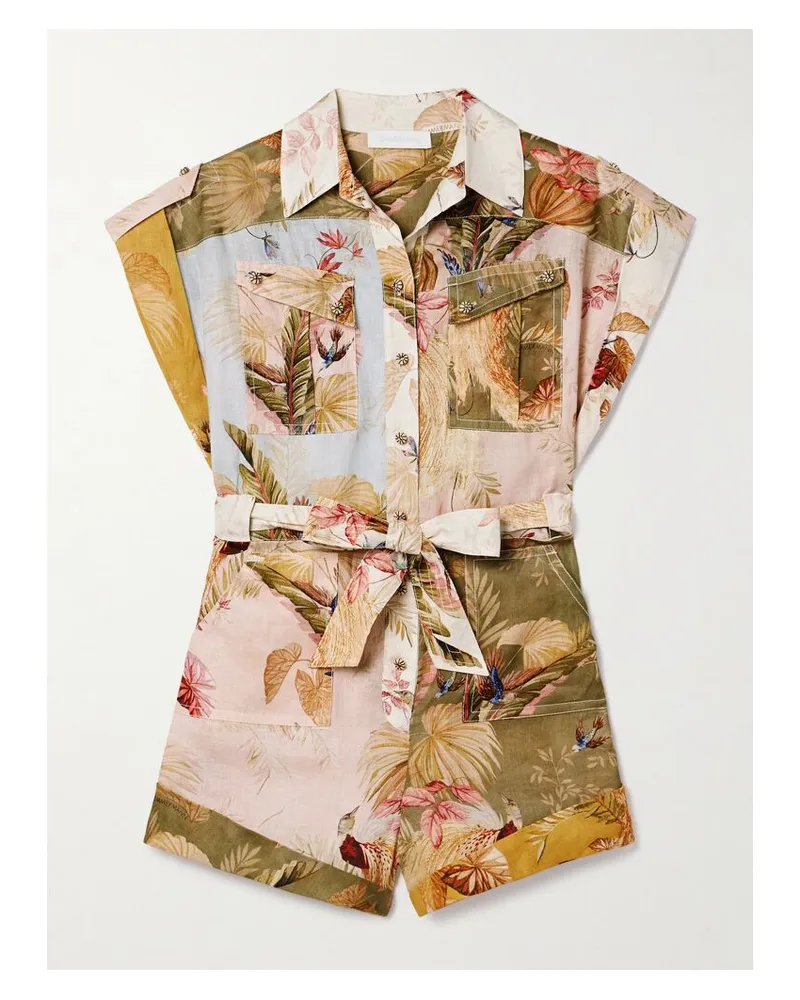 Zimmermann Ascension Playsuit Aus Leinen Mit Blumenprint Und Bindegürtel - Mehrfarbig Mehrfarbig