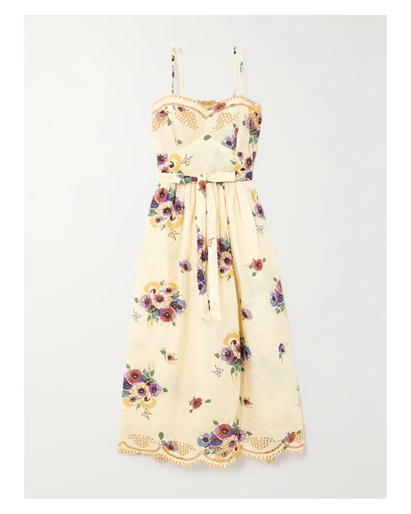 Miguelina Betina Midikleid Aus Bedrucktem Leinen Mit Lochstickerei Und Bindegürtel - Gelb Gelb