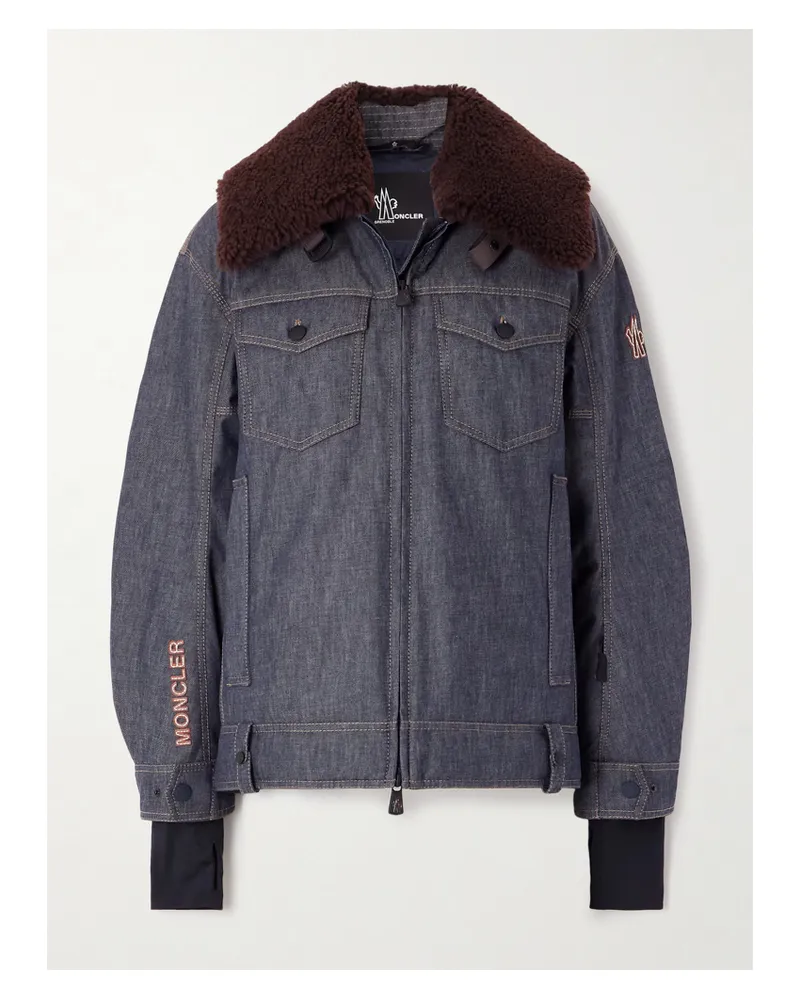 Moncler Yunque Daunenjacke Aus Denim Mit Shearling-besatz - Blau Blau