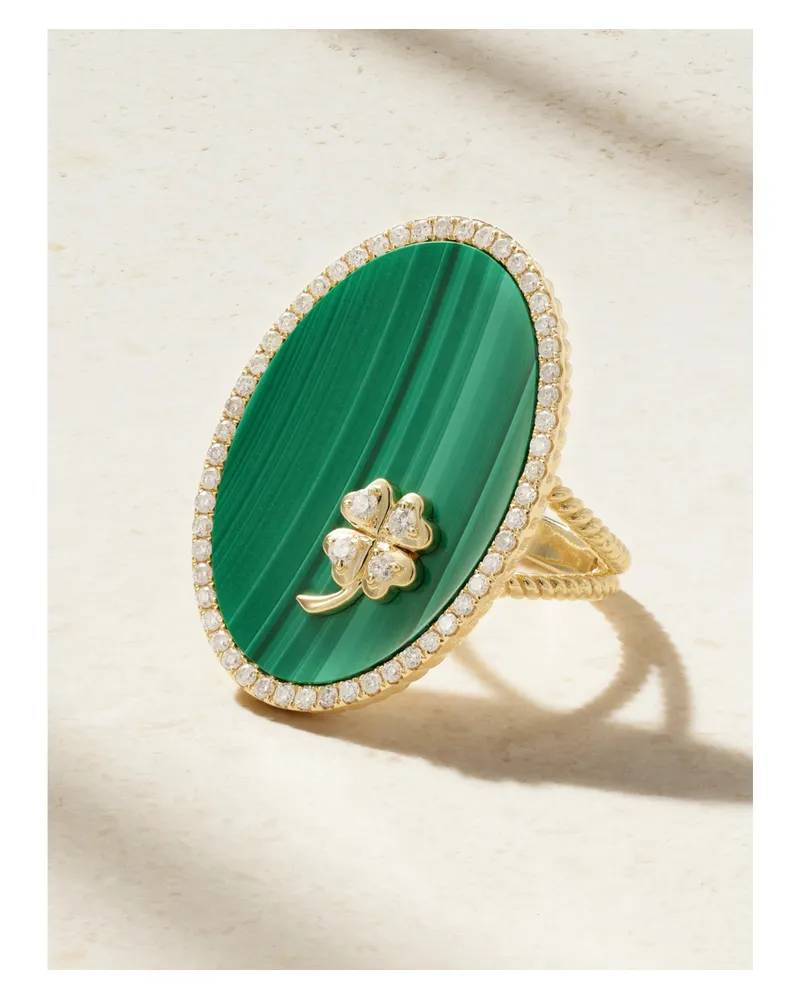 Yvonne Léon Médaillon Trèfle Ring Aus 9 Karat Gold Mit Malachit Und Diamanten - Grün Grün