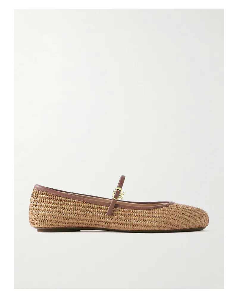Gianvito Rossi Carla Leather-trimmed Raffia Mary Jane Ballet Flats - Brown Brown