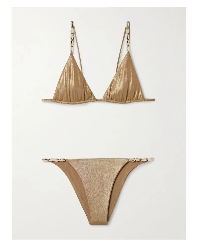 Sara Cristina Cowries Triangel-bikini In Metallic-optik Mit Verzierungen - Gold Gold
