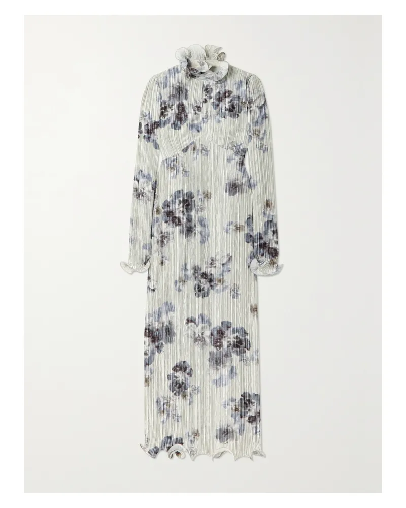 Erdem Novella Bedruckte Robe Aus Plissiertem Stretch-satin Mit Rüschen - Blau Blau