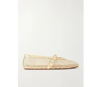 Metallic Leather-trimmed Mesh Ballet Flats - Gold