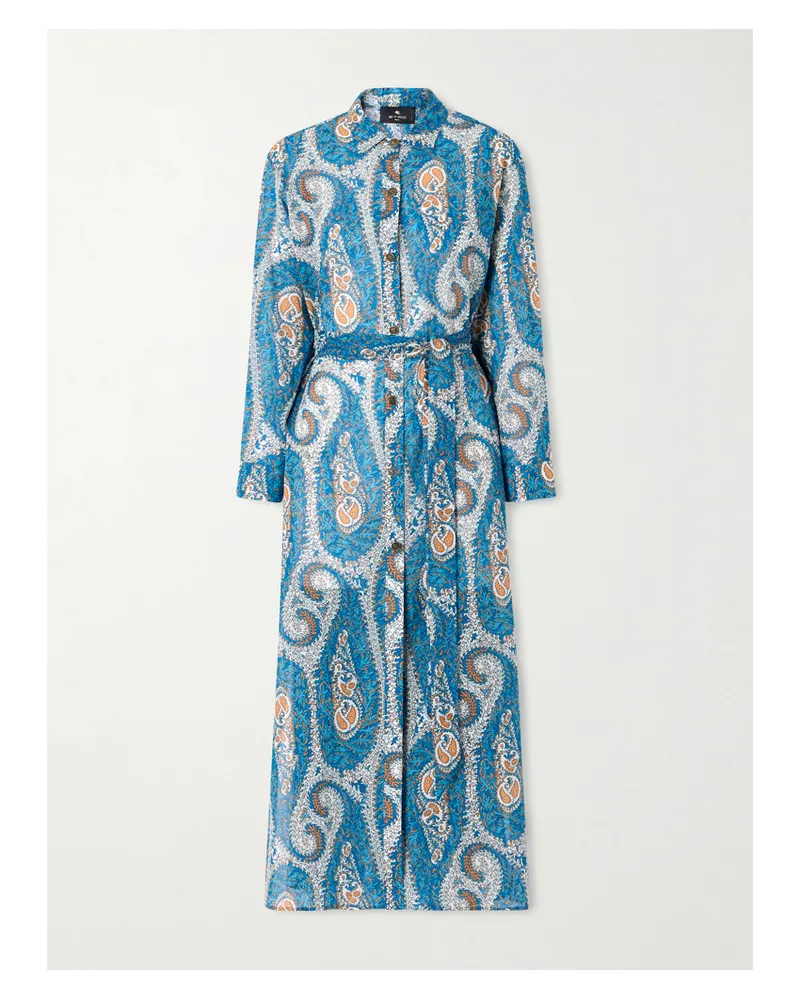 Etro Belted Paisley-print Cotton-voile Midi Shirt Dress - Blue Blue