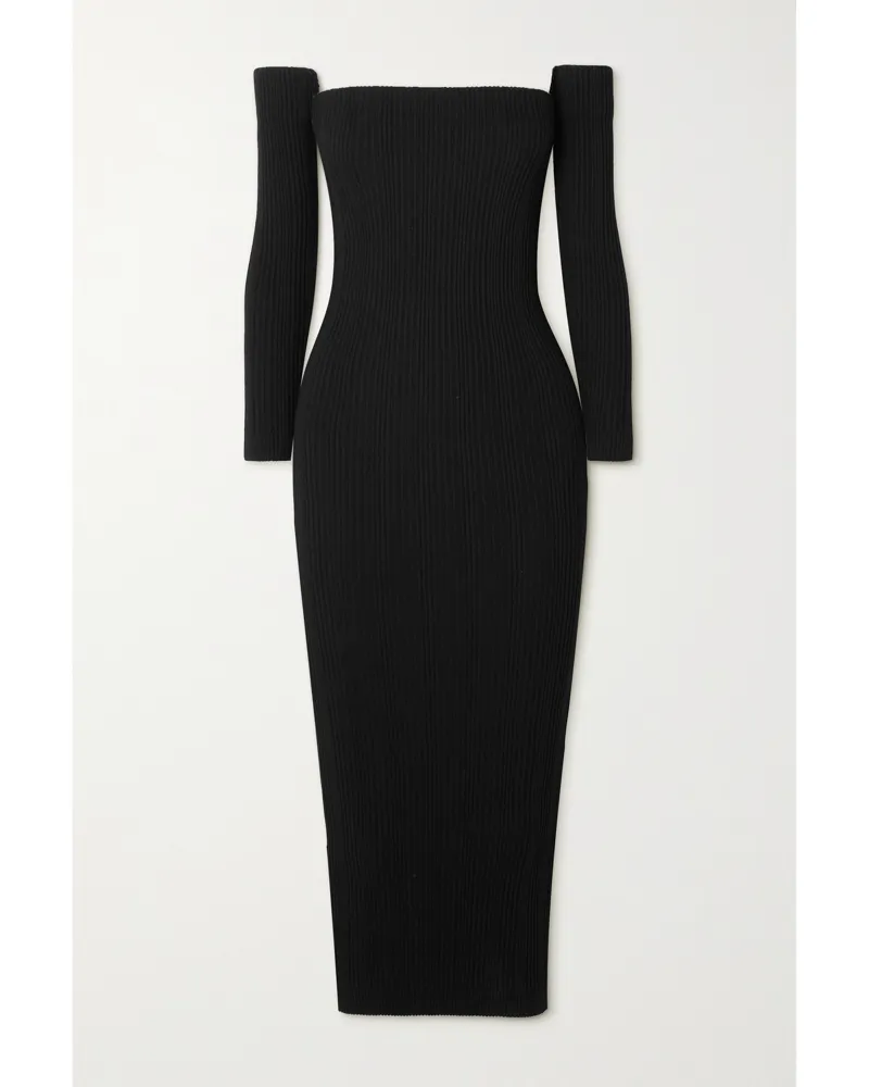 ioannes Schulterfreies Midikleid Aus Rippstrick - Schwarz Schwarz