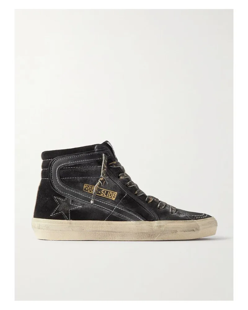 Golden Goose Slide Sneakers Aus Veloursleder Mit Lederbesätzen In Distressed-optik - Schwarz Schwarz