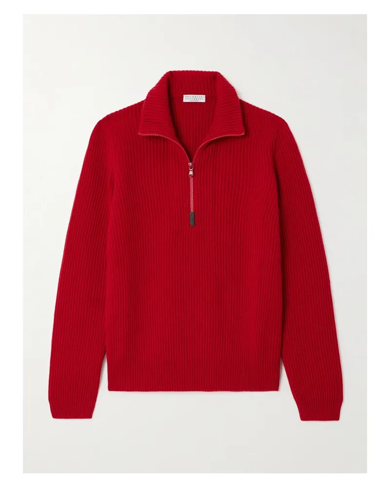Brunello Cucinelli Pullover Aus Geripptem Kaschmir Mit Troyer-kragen Und Zierperlen - Rot Rot