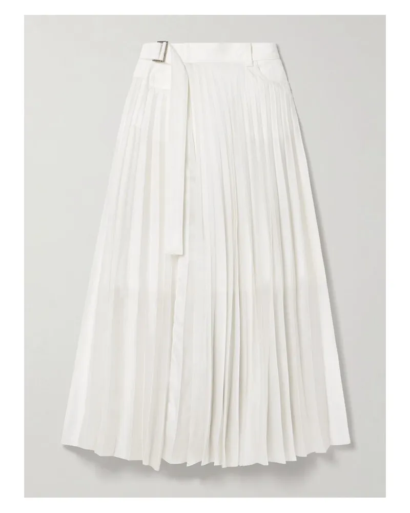 Sacai Midi-wickelrock Aus Satin Mit Denim-besätzen, Plissee Und Gürtel - Wollweiß Wollweiß