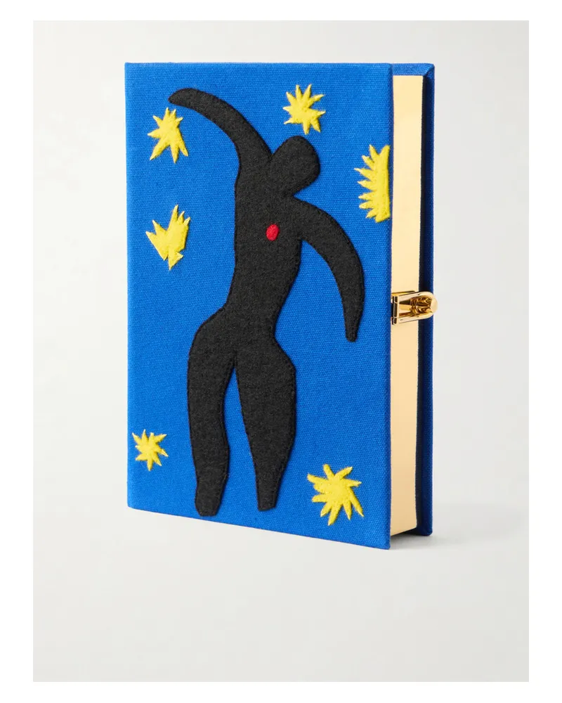 Olympia Le-Tan Icarus Embroidered Appliquéd Cotton, Wool And Silk-blend Canvas Clutch - Blue Blue