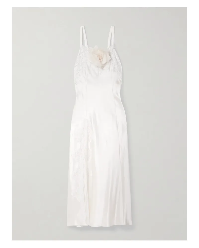 Rodarte Embellished Lace-trimmed Silk-satin Midi Dress - Off-white Off-white