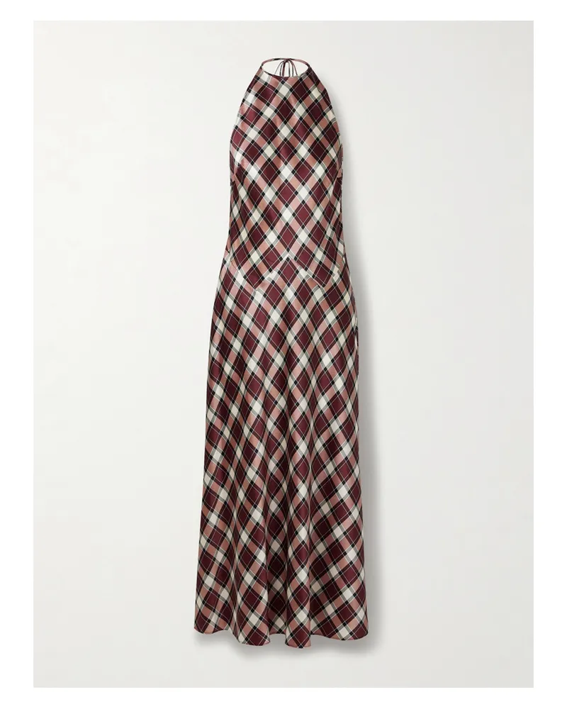 DÔEN Maxime Checked Silk-satin Halterneck Maxi Dress - Burgundy Burgundy