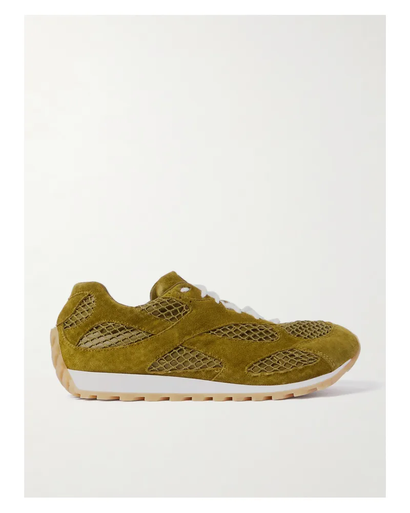 Bottega Veneta Orbit Suede, Leather, Mesh And Fishnet Sneakers - Green Green