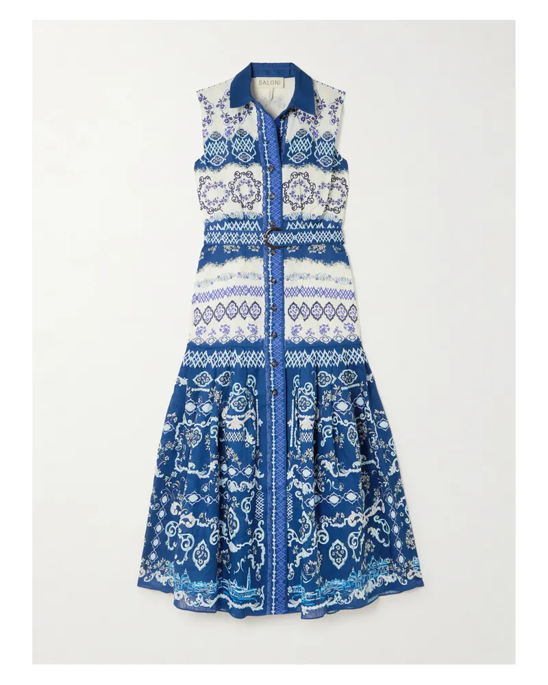 Saloni Nya Midi-hemdblusenkleid Aus Bedrucktem Leinen Mit Bindegürtel - Blau Blau