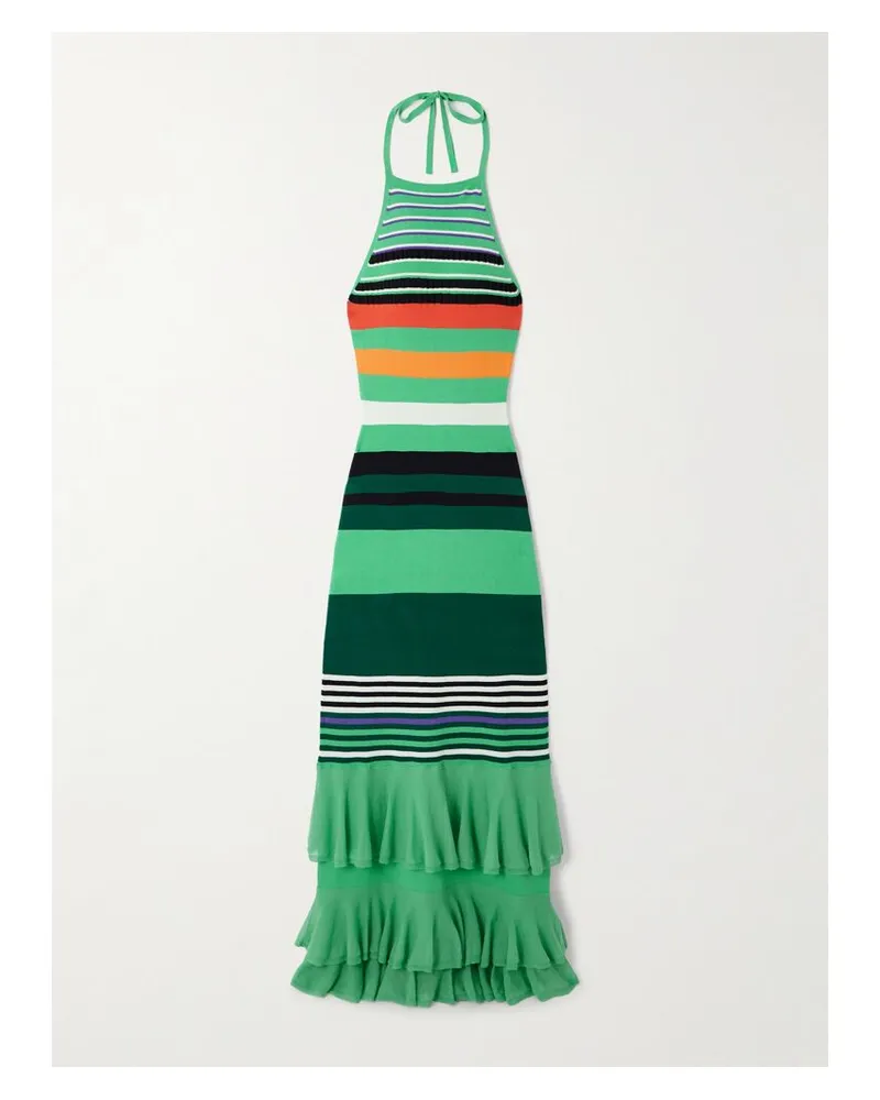 Christopher John Rogers Neckholder-maxikleid Aus Gestreiftem Stretch-strick Mit Volants - Mehrfarbig Mehrfarbig