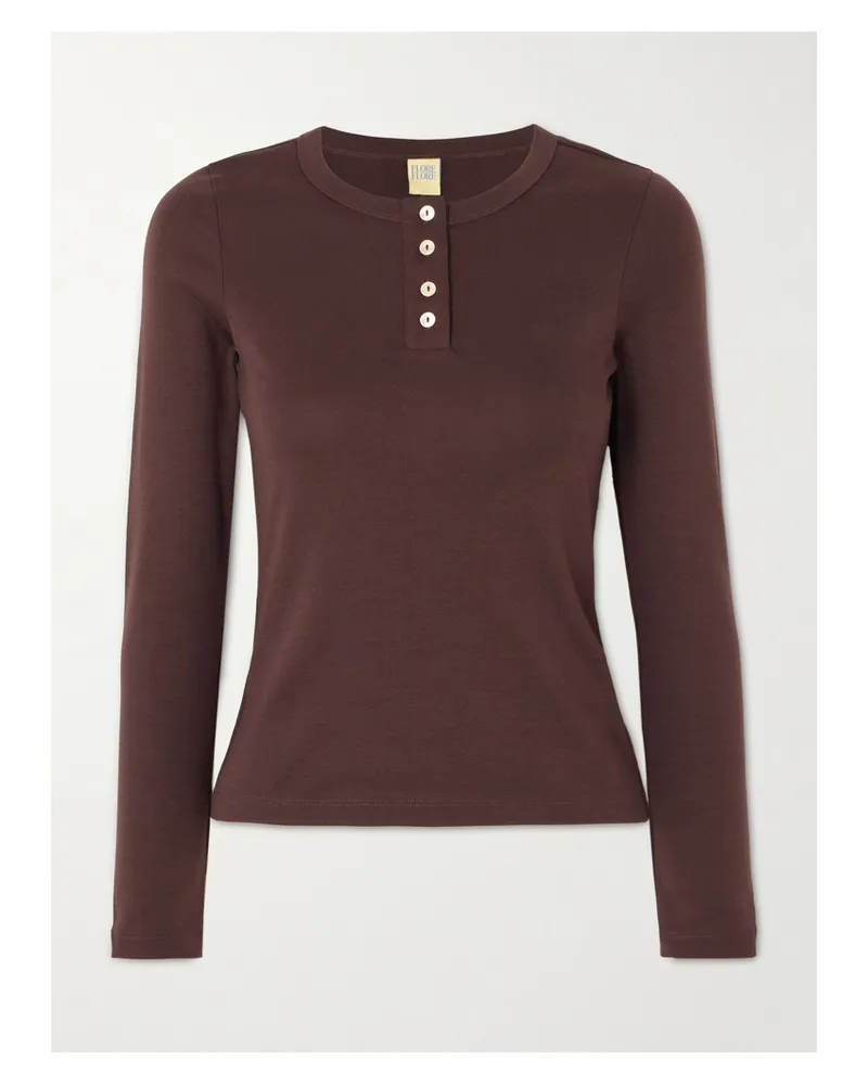 Flore Flore Jess Ribbed Organic Cotton-jersey Henley Top - Brown Brown