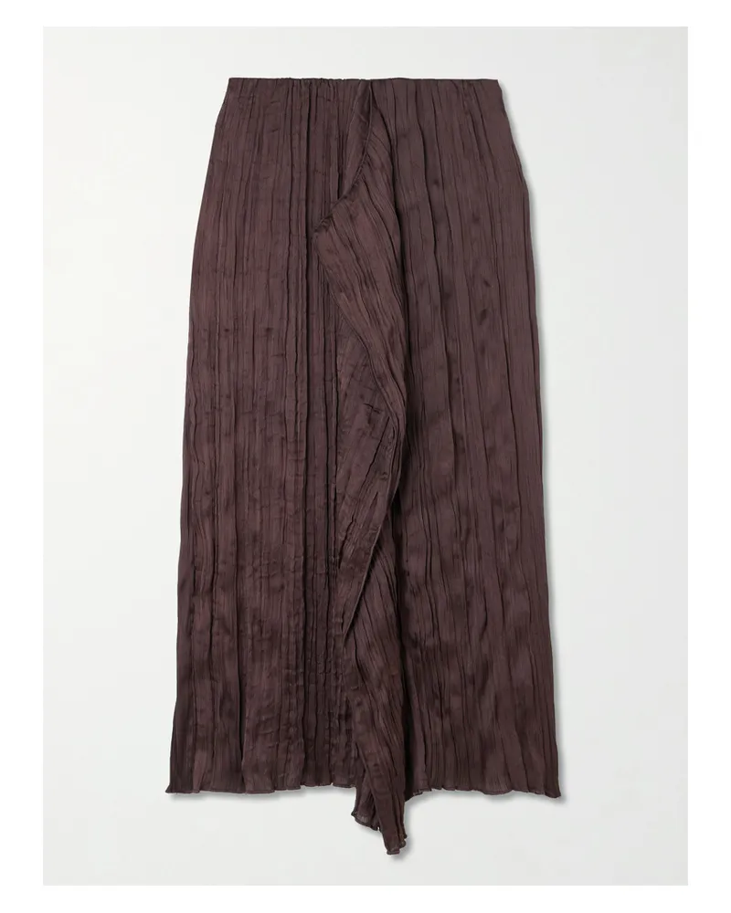 STAUD Mai Draped Plissé-satin Midi Skirt - Brown Brown