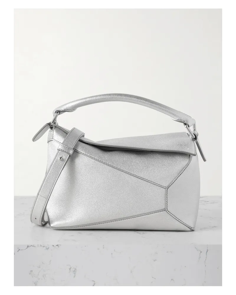 Loewe Puzzle Edge Mini Metallic Textured-leather Shoulder Bag - Silver Silver
