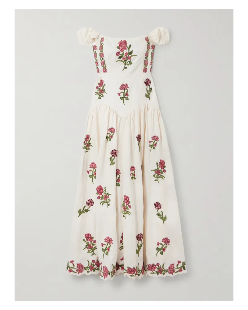 AGUA BENDITA Siembra Schulterfreies Maxikleid Aus Bedrucktem Leinen Mit Stickereien Und Applikationen - Creme Creme