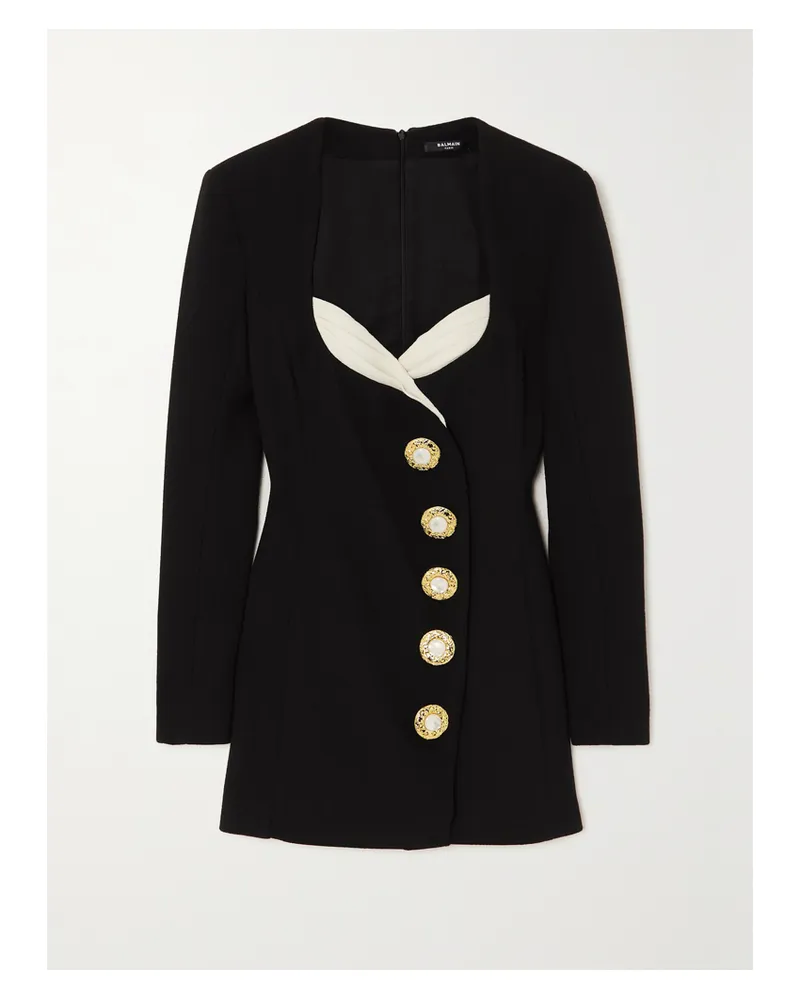 Balmain Minikleid Aus Wolle Mit Gazebesatz, Zierknöpfen Und Falten - Schwarz Schwarz