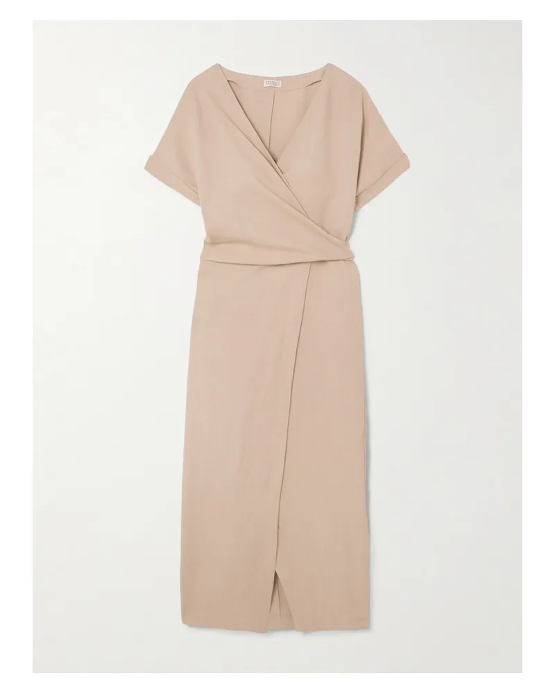 Brunello Cucinelli Bead-embellished Woven Midi Wrap Dress - Neutrals Neutrals