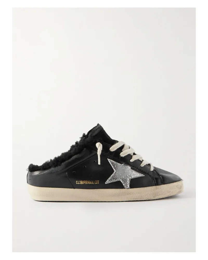 Golden Goose Super-star Sabot Slip-ons Aus Leder Mit Shearling-futter In Distressed-optik - Schwarz Schwarz