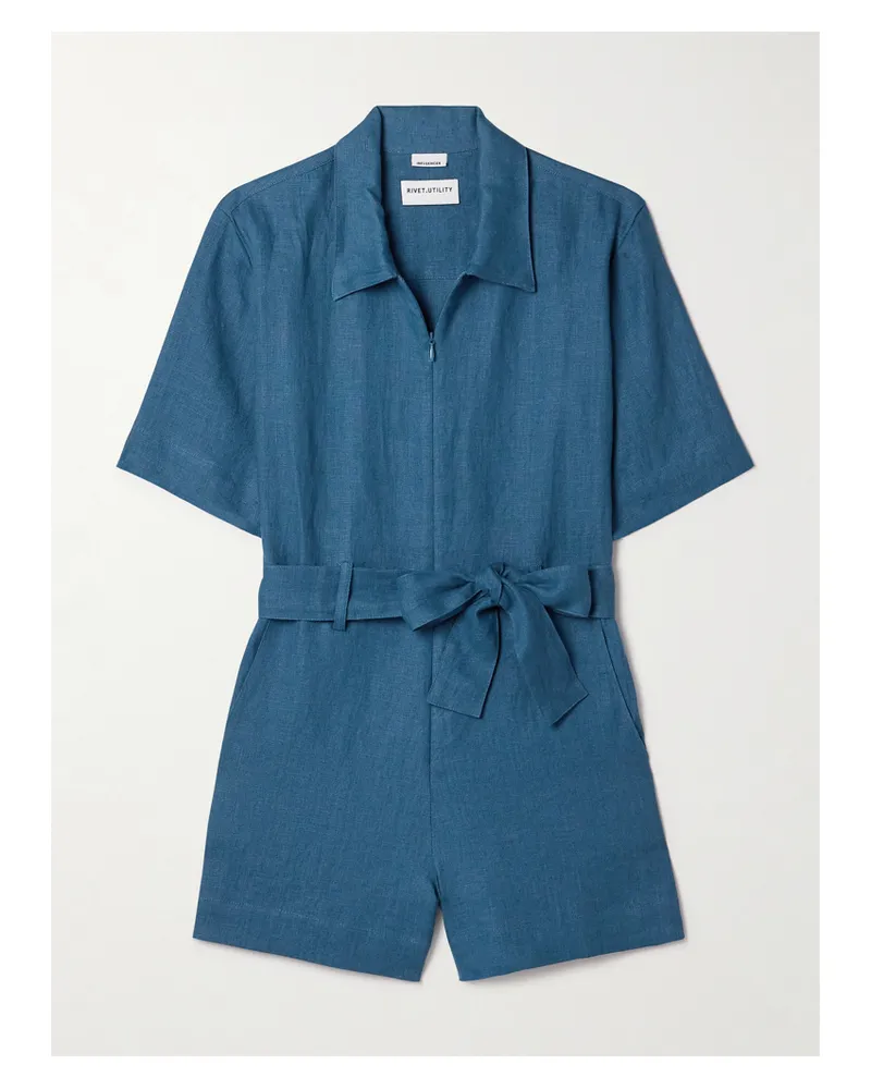 Rivet Utility Influencer Playsuit Aus Leinen Mit Bindegürtel - Blau Blau