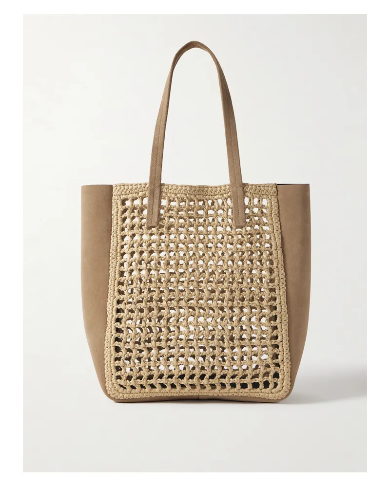 KHAITE Zoe Small Suede And Crocheted Raffia Tote - Neutrals Neutrals