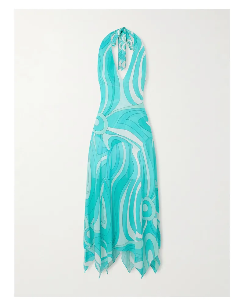 Emilio Pucci Neckholder-maxikleid Aus Strukturiertem Jersey Mit Besatz Aus Bedrucktem Seiden-twill - Blau Blau