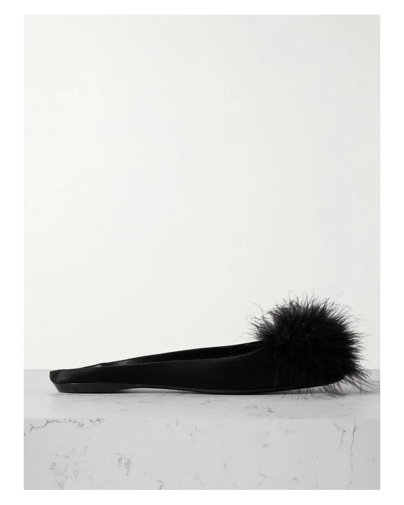 Saint Laurent Lido Slippers Aus Satin Mit Federn - Schwarz Schwarz