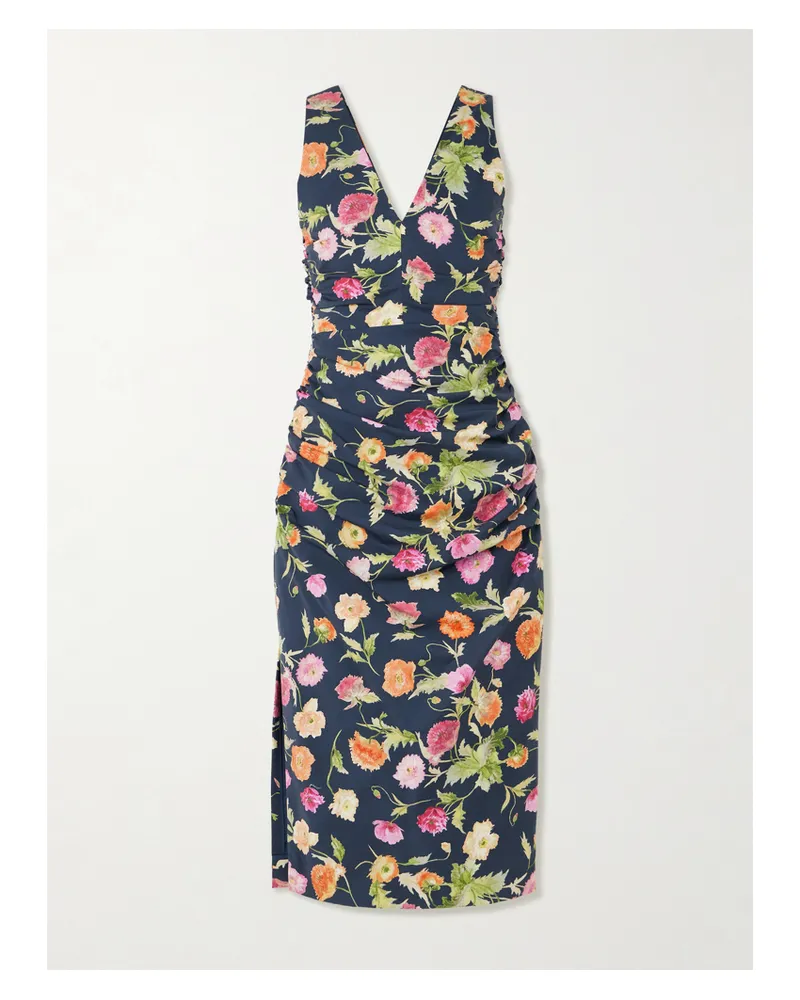 Carolina Herrera New York Gathered Floral-print Stretch-cotton Midi Dress - Blue Blue