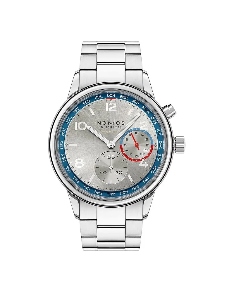 NOMOS Glashütte Herrenuhr Club Sport neomatik Weltzeit blau Silber