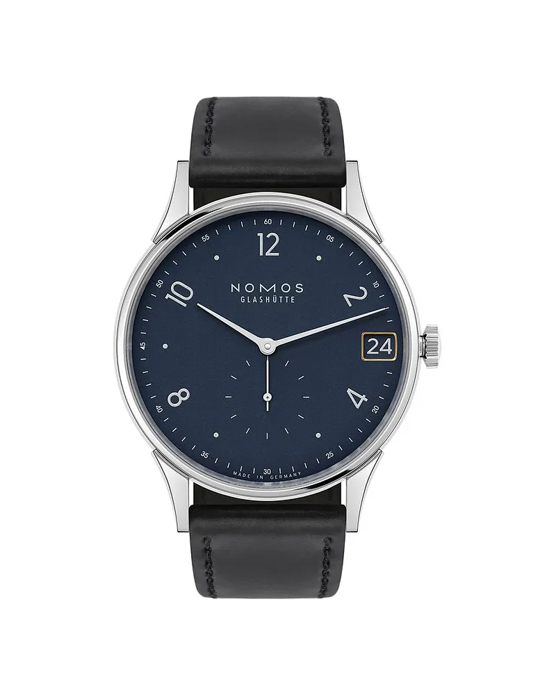 NOMOS Glashütte Herrenuhr Minimatik 39 Datum blau Silber