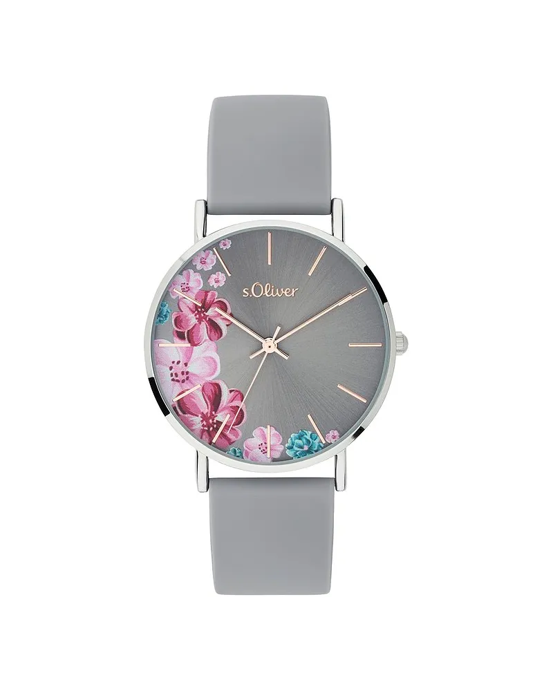 S.Oliver Damenuhr mit schönem Blumenprint Silber
