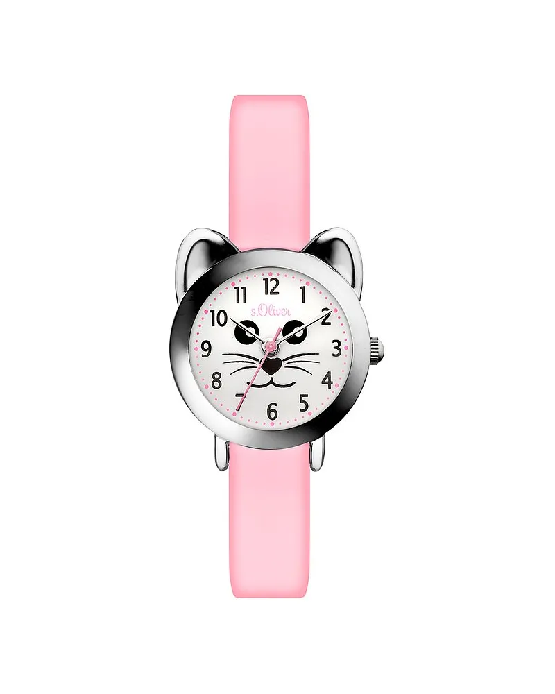 S.Oliver Kinderuhr mit süßem Katzengehäuse Silber