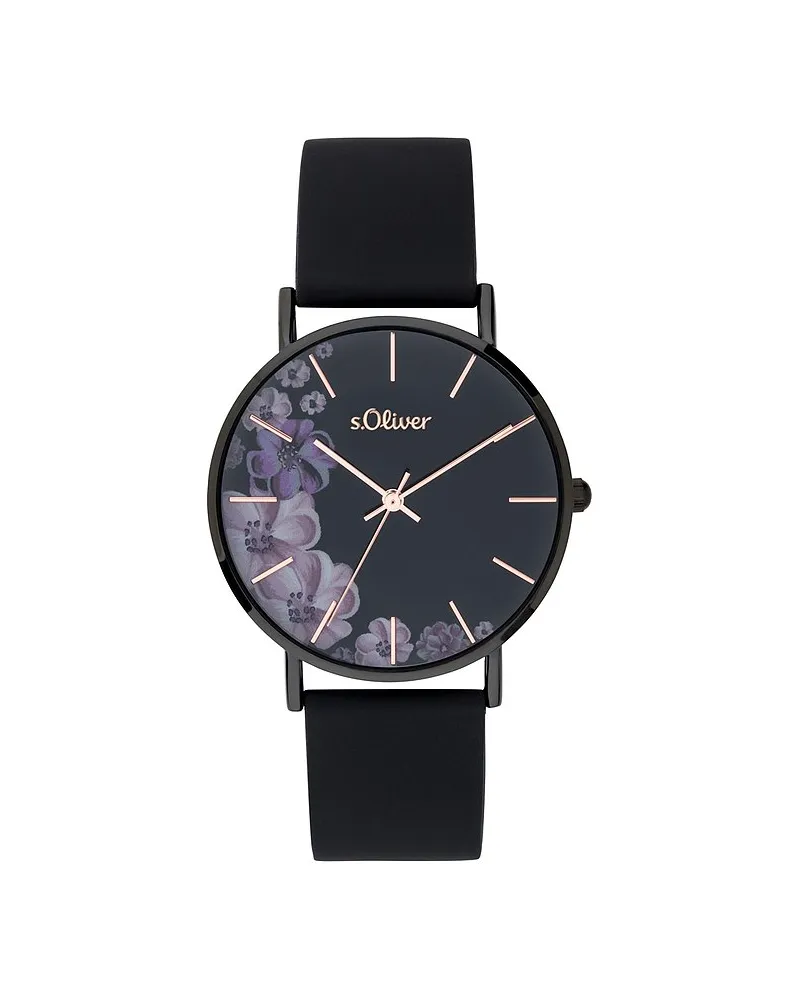 S.Oliver Damenuhr mit schönem Blumenprint auf dem Zifferblatt Schwarz