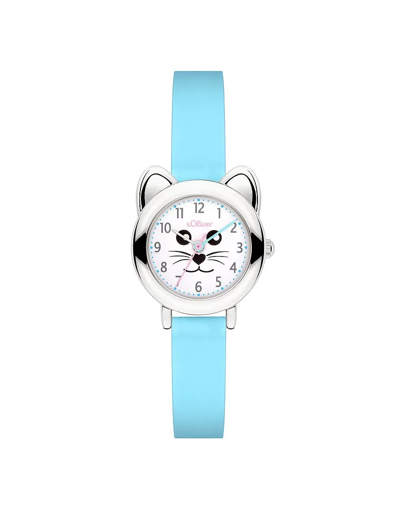 S.Oliver Kinderuhr mit süßem Katzengehäuse Silber