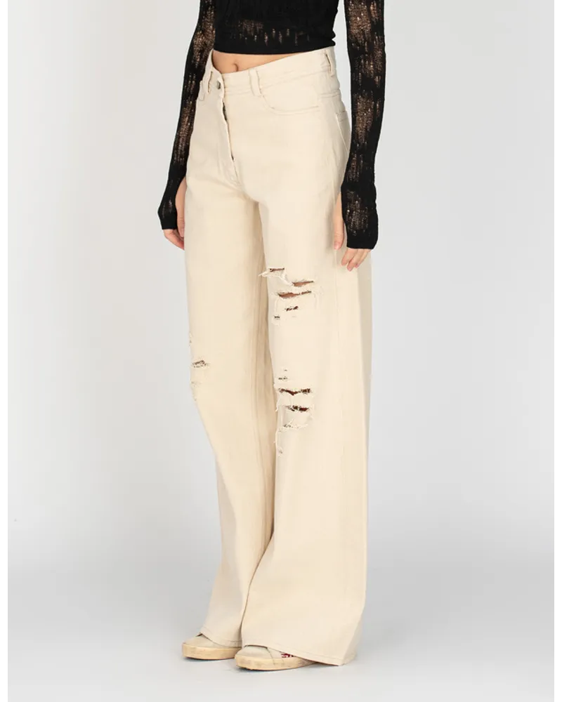 Isabel Benenato Destroyed Wide-Leg Jeans Creme