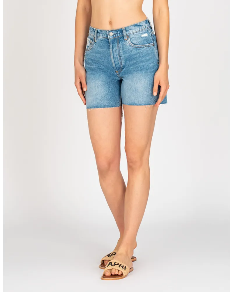 BOYISH Destroyed High-Rise Jeans-Shorts Blau