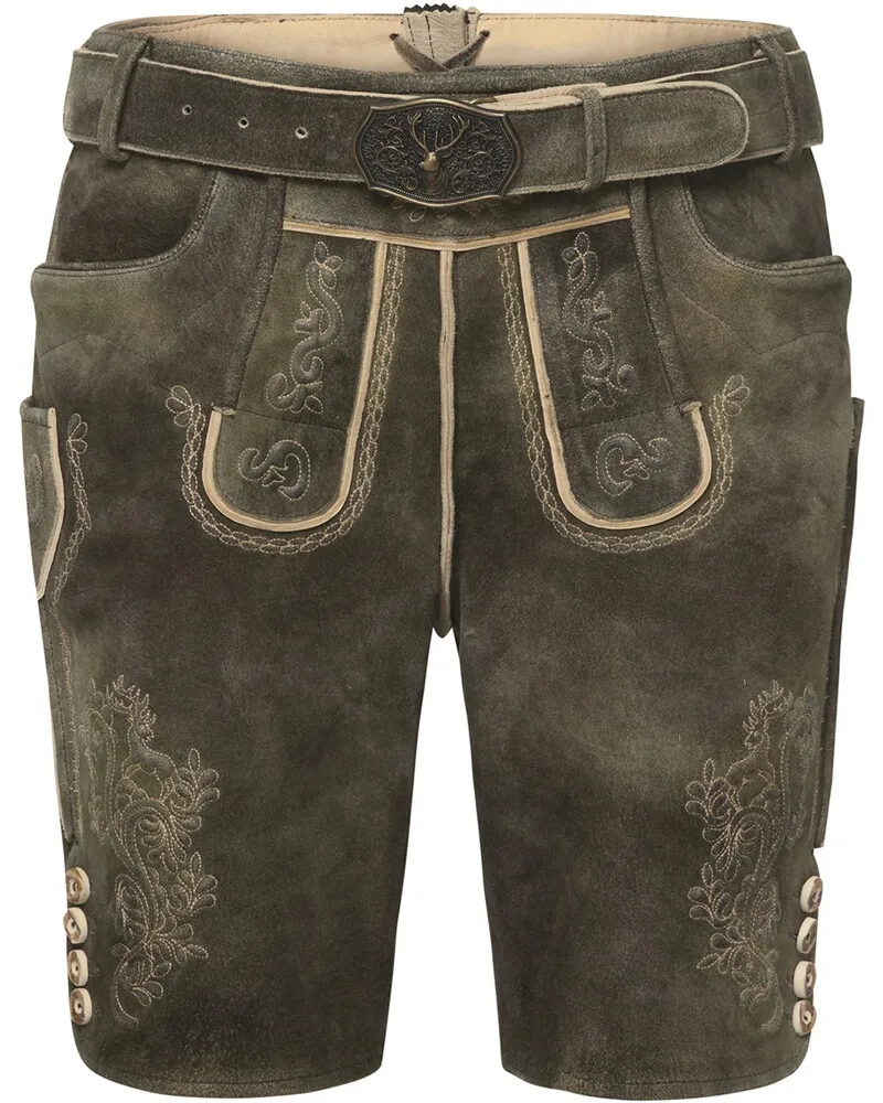 Luis Steindl Kurze Lederhose mit Gürtel Oliv