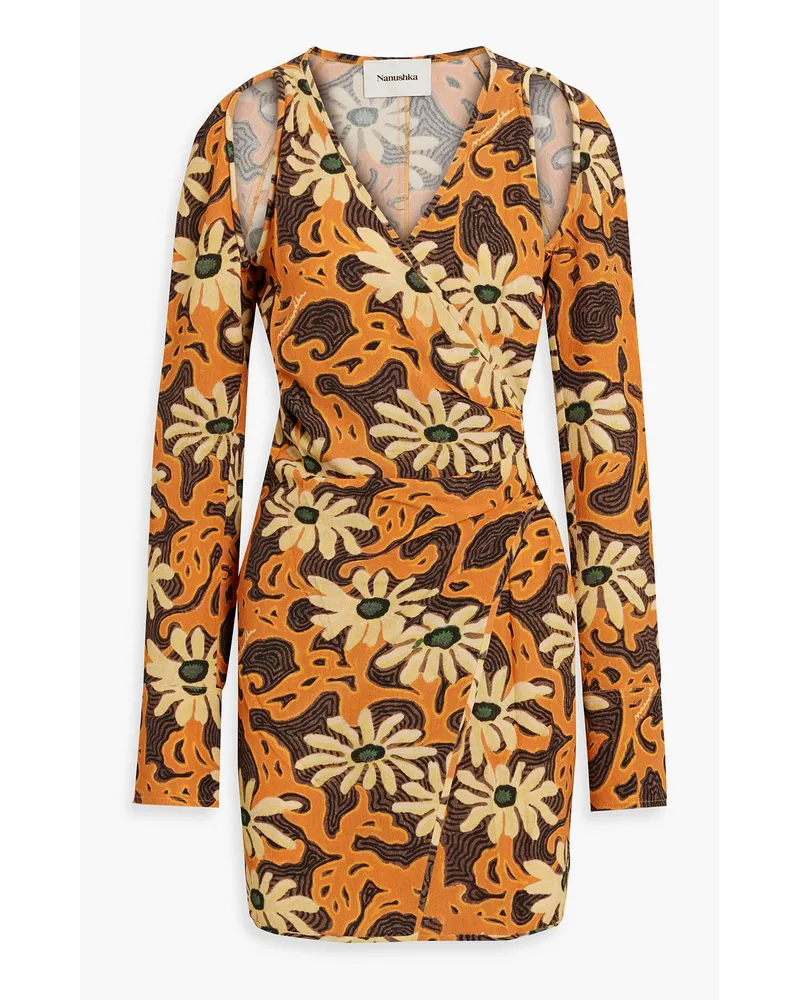 Nanushka Ira Minikleid aus Crêpe mit floralem Print und Wickeleffekt Orange