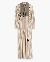 Tory Burch Gestreifter Kaftan aus einer Baumwoll-Leinenmischung mit Pompons Neutral