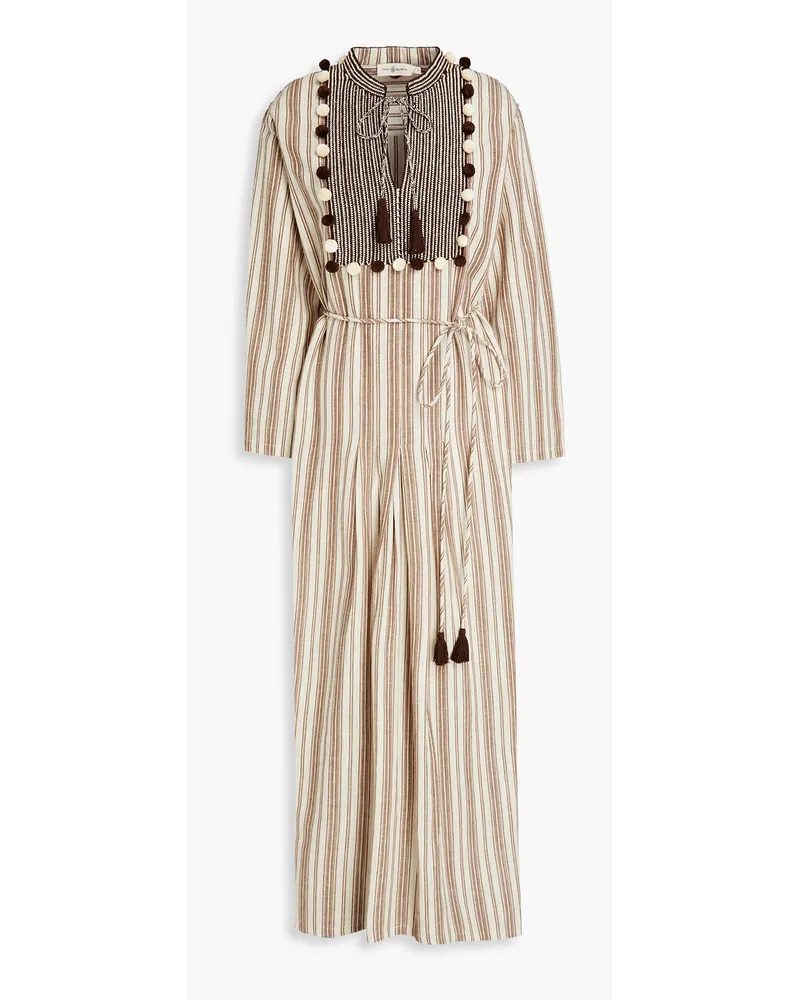 Tory Burch Gestreifter Kaftan aus einer Baumwoll-Leinenmischung mit Pompons Neutral