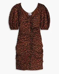 Ganni Gerafftes Minikleid aus Baumwollpopeline mit Leopardenprint Animal-print