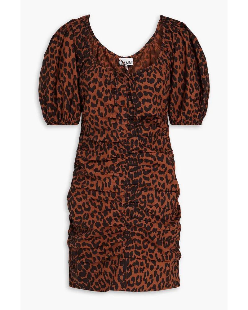 Ganni Gerafftes Minikleid Aus Baumwollpopeline Mit Leopardenprint Animal Print