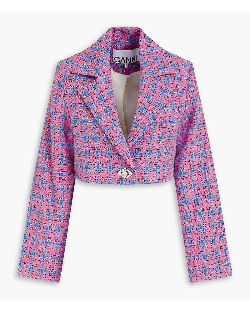 Ganni Cropped Blazer aus Tweed aus einer Baumwollmischung mit Karomuster Pink