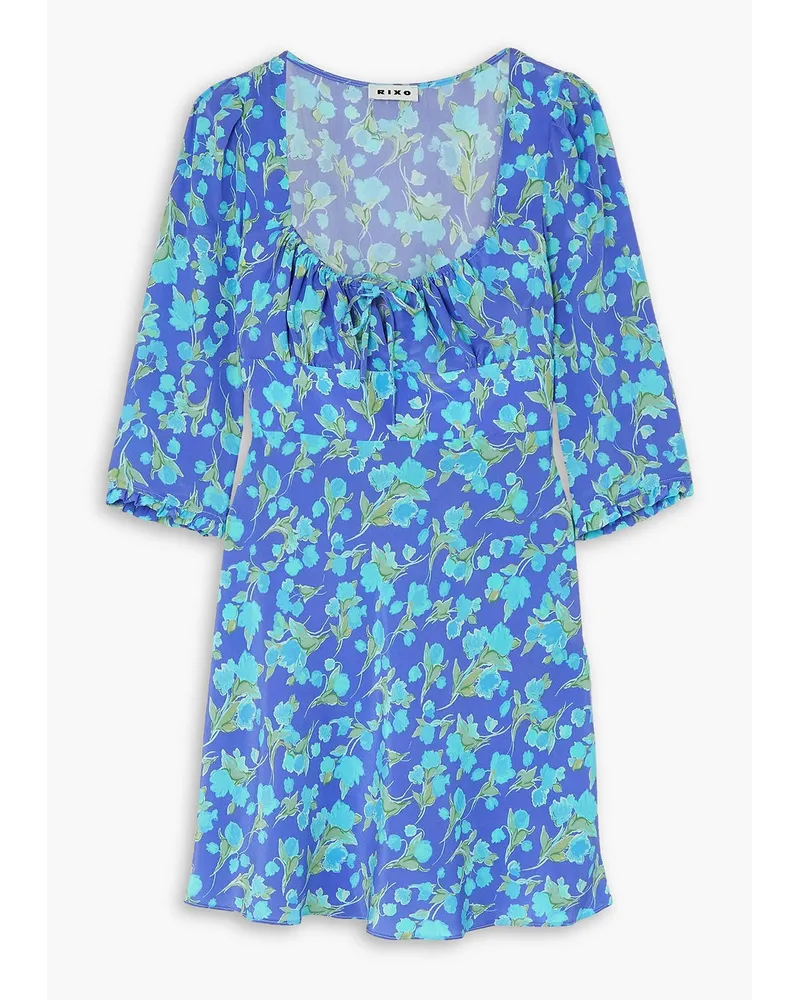 RIXO Minikleid aus Crêpe de Chine aus Seide mit floralem Print und Rüschen Blau