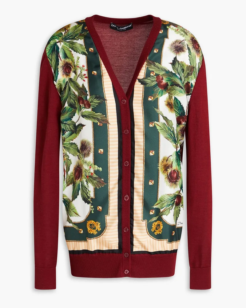 Dolce & Gabbana Bedruckter Cardigan aus Kaschmir mit Seiden-Twill-Einsätzen Burgunderrot