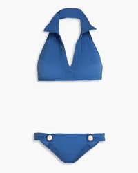 Lisa Marie Fernandez Polo Bikini aus Seersucker mit Zierknöpfen Blau