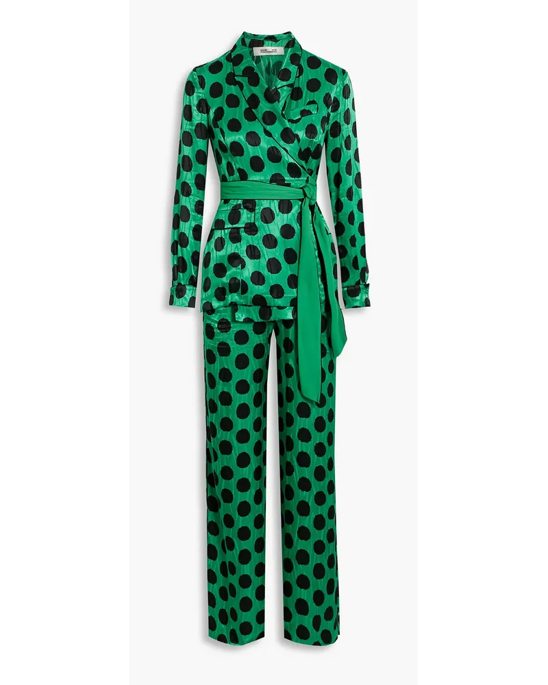 Diane von Furstenberg Clyde Jumpsuit aus glänzendem Jacquard mit weitem Bein, Polka-Dots und Wickeleffekt Grün